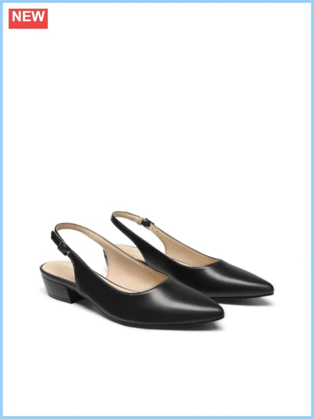 Slingback Low Block Heels Pointed Toe Women's Pumps Faux Leather